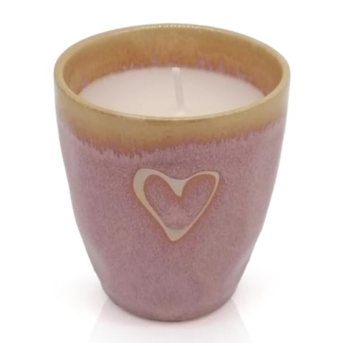 Mea-Living STONEWARE Kerze im Espressobecher rosa Herz, handgemachtes Steingut, 150 ml, wunderschönes Geschirr mit Kerze von Mea-Living