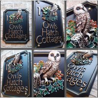 Festes Hausnamen -/Nummernschild Aus Gießharz Mit Einer Atemberaubenden Skulptur Eule Maßgeschneidert Und Personalisiert, Handgemacht, Handbemalt von Meadowplacesigns