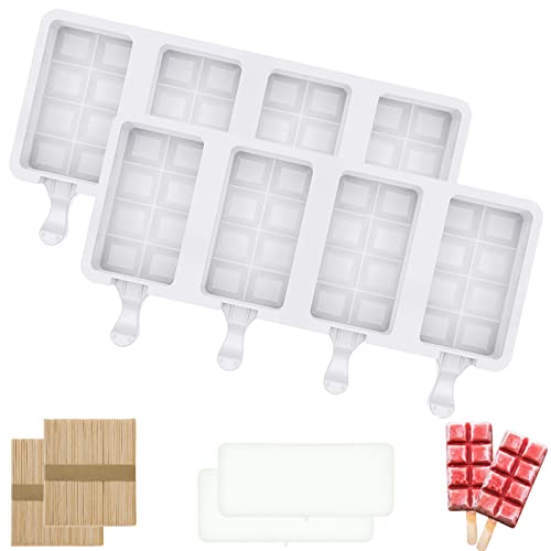 2 Stücke Cake Pop Stiele Backform Popsicle Formen Set, 4 HohlräUme Quadrat Großen Cakesicle Form Eisformen Eis am Stiel Silikon Mit 100 Eisstiele Holz und Silikondeckel, Kuchen Silikon Eisform von Meajore