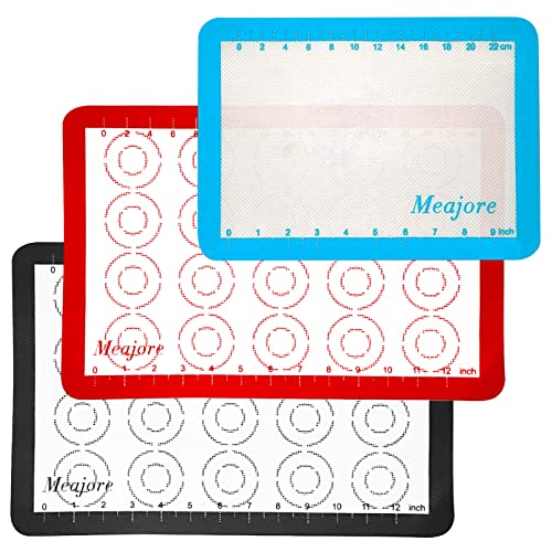 Backmatte Silikon 3er Set, Backmatte Macarons Wiederverwendbare 2 Große Backmatte (10“ X15“/ 38 X 25,4 cm), 1 Viertel Hitzebeständige Backunterlage für Kekse, Macaron, Pizza, Brot, Brötchen von Meajore