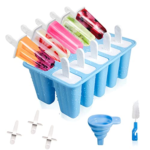 Eisformen, 10 Hohlräume Eisformen Eis Am Stiel Silikon, DIY Kreative Eisform,Eis Formen für Stieleis,Popsicle formen mit Silikontrichter Und ReinigungsbüRste (Blau) von Meajore