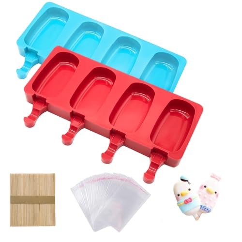 Eisformen Eis Am Stiel Silikon 2 Stück, Eis am Stiel Formen mit 4 Hohlräumen & Cake Pop Backform – Inkl. 50 Holzstielen + 50 Beuteln | BPA-frei, Spülmaschinengeeignet für Eis, Kuchen & Schokolade von Meajore