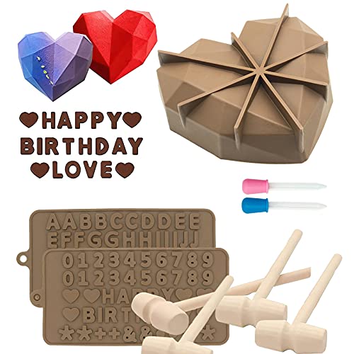 Meajore Herz Silikonform, 3D Herz geformt Kuchen Pfanne, Smash Schokolade Süßigkeiten Herzen mit Holz Hämmer Buchstaben Zahl Tabletts Valentinstag Süßigkeiten (Kaffee) von Meajore