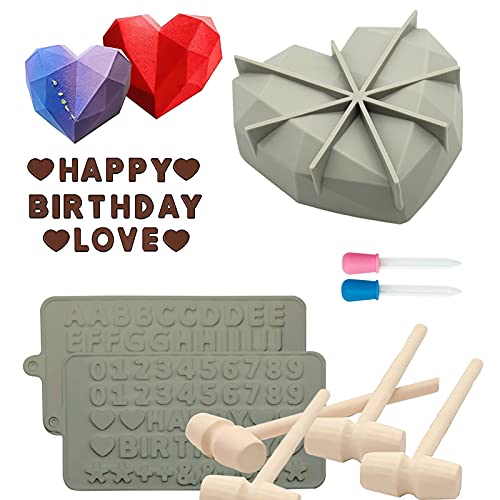 Meajore Herz Silikonform, 3D Herz geformt Kuchen Pfanne, Smash Schokolade Süßigkeiten Herzen mit Holz Hämmer Buchstaben Zahl Tabletts Valentinstag Süßigkeiten (Grau) von Meajore