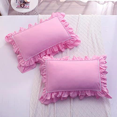 Meaning4 2er-Pack rosa Kissenbezüge mit Spitze und Rüschen, Baumwolle, Queen-Size-Größe, 50,8 x 76,2 cm, Shabby Chic von Meaning4