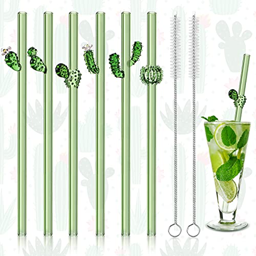 6 Stück wiederverwendbare Glasstrohhalme mit Design, 8 mm x 7,9 Zoll Kaktus auf grünen Strohhalmen, gerade Glas-Kaktus-Trinkhalme mit Reinigungsbürste für Smoothie, Cocktail, Saft, Shakes, Getränke von Meanplan