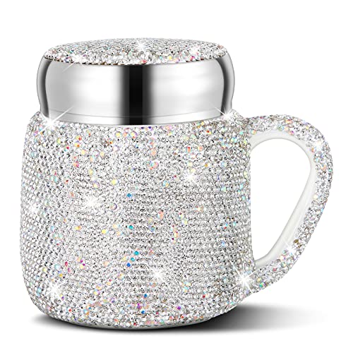 Meanplan Bling Strass Wasserflasche Keramik Kaffeetasse Tragbare Bling Reise Tasse Kristall Kaffeetasse mit Deckel und Griff für Frauen Büro Zuhause Muttertag Geschenk 383 ml (weiß) von Meanplan