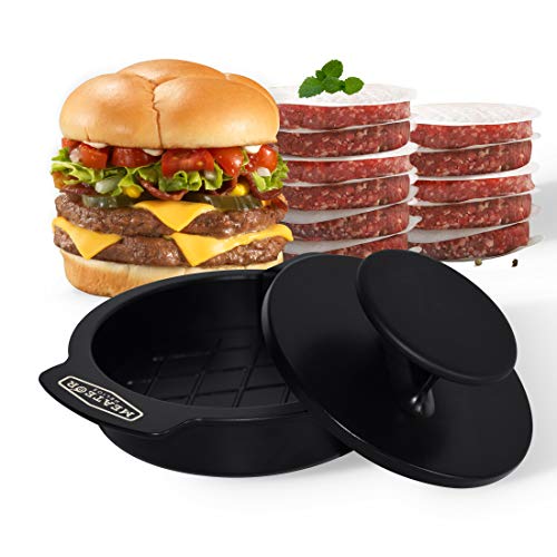 Meateor Burgerpresse-Set, 3 Teile plus 50 x passendes Antihaft-Backpapier, für leckere typische Burger Patties, einfach zu nutzen, in der Spülmaschine zu reinigen von Meateor