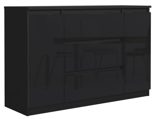 MebLocker Kommode mit 3 Schubladen 2 Schranktüren 120 cm Ideal für Wohnzimmer, Schlafzimmer, Kinderzimmer und Büro Moderne Elegante Lösung für stilvolle Aufbewahrung (Schwarz Glanz) von MebLocker