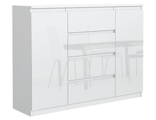 MebLocker Kommode mit 4 Schubladen 2 Schranktüren 120 cm Ideal für Wohnzimmer, Schlafzimmer, Kinderzimmer und Büro Moderne Elegante Lösung für stilvolle Aufbewahrung und Organisation (Weißer Glanz) von MebLocker