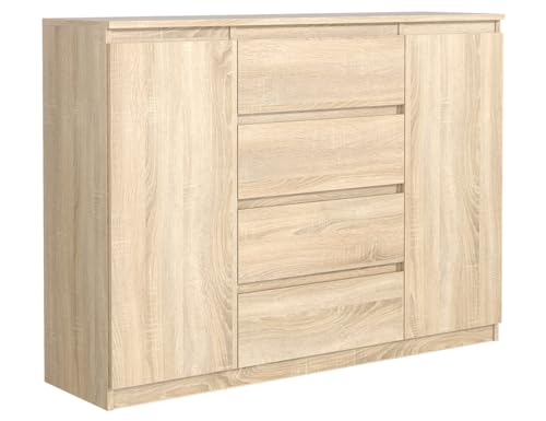 MebLocker Kommode mit 4 Schubladen 2 Schranktüren 140 cm Ideal für Wohnzimmer, Schlafzimmer, Kinderzimmer und Büro Moderne Elegante Lösung für stilvolle Aufbewahrung (Sonoma-Eiche) von MebLocker
