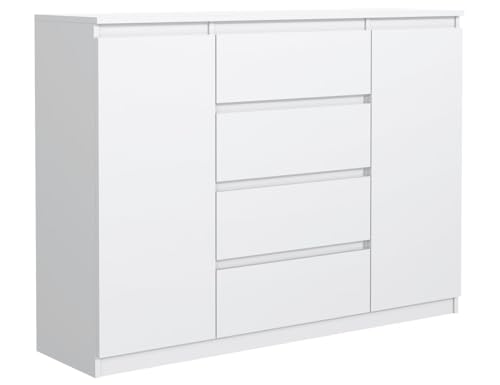 MebLocker Kommode mit 4 Schubladen 2 Schranktüren 140 cm Ideal für Wohnzimmer, Schlafzimmer, Kinderzimmer und Büro Moderne Elegante Lösung für stilvolle Aufbewahrung (Weiß) von MebLocker