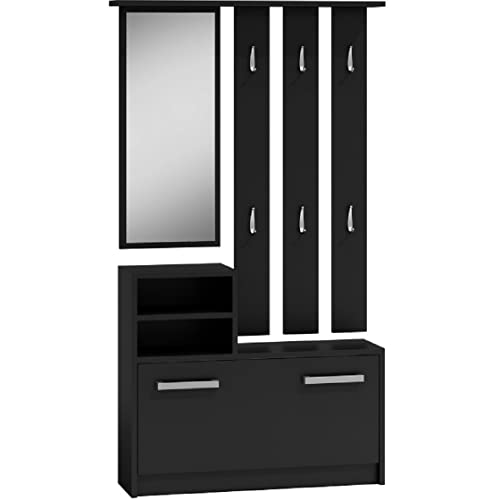 Kompaktgarderobe Schwarz Garderobe Schuhregal Eingangsbereich Schuhaufbewahrung Schuhschrank Sitzkissen Schuhbank Garderobenset Wandgarderobe Garderobenständer (Black, GA) von Mebel