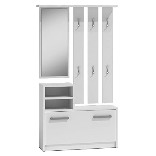 Kompaktgarderobe Weiß Garderobe Schuhregal Eingangsbereich Schuhaufbewahrung Schuhschrank Sitzkissen Schuhbank Garderobenset Wandgarderobe Garderobenständer (White, GA) von Mebel