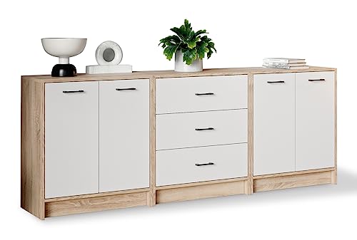 Meble Pitus Kommode Weiß 210 cm Sonoma-Eiche MP2 - Sideboard für Wohnzimmer, Schlafzimmer und Flur - 2 Kommoden mit Türen, Verbunden mit Einer Kommode mit 3 Schubladen - Komodenschrank, Möbelplatte von Meble Pitus