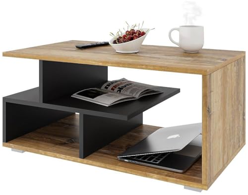 Meble Pitus Couchtisch Holz - Wohnzimmertisch Modern - Couchtisch mit Stauraum 90 x 50 x 49cm - Tisch für Wohnzimmer - Retro-Holz/Mattes Schwarz von MeblePitus.pl