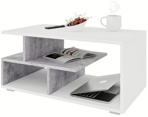 Meble Pitus Couchtisch Holz - Wohnzimmertisch Modern - Couchtisch mit Stauraum 90 x 50 x 49cm - Tisch für Wohnzimmer - Weiß/Beton von MeblePitus.pl