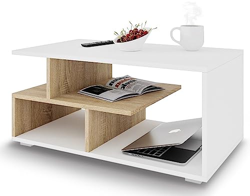 Meble Pitus Couchtisch Holz - Wohnzimmertisch Modern - Couchtisch mit Stauraum 90 x 50 x 49cm - Tisch für Wohnzimmer - Weiß/Sonoma-Eiche von MeblePitus.pl