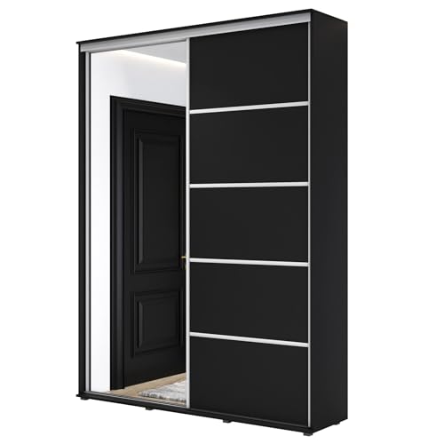Meble Slupia - Garderobenschrank - Kleiderschrank mit Spiegel und Schiebetüren - B 130 x H 242 x T 45 cm - Kleider Schrank Schlafzimmer, Jugendzimmer, Flur - mit Kleiderstange - ZUZA ALU Schwarz von Meble Slupia