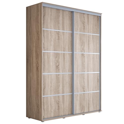 Meble Slupia Kleiderschrank mit Schiebetüren Maja Plus - Möbel Zum Schlafzimmer, Vorraum, Garderobe, Kleiderstange Einlegeböden (Silberne Streifen, Eiche Sonoma, 140 x 242 x 61 cm) von Meble Slupia