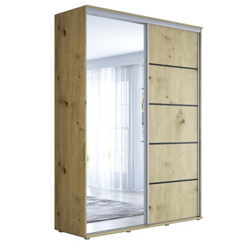 Meble Slupia Kleiderschrank mit Spiegeltüren Maja - Möbel Zum Schlafzimmer, Vorraum, Garderobe, Schiebetüren Kleiderstange Einlegeböden - Laminierte Platte (Eiche Artisan, 140 x 242 x 61 cm) von Meble Slupia