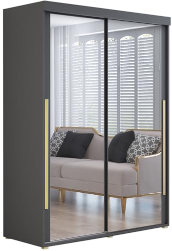 Meble Slupia Kleiderschrank IGA 2 - Schiebetüren mit Zwei Spiegel - Holzwerkstoff, Kleiderstange, Geteilte Tür - Für Schlafzimmer, Vorraum, Garderobe - Goldener Griff - 130x202x62 cm, Anthrazit von Meble Slupia