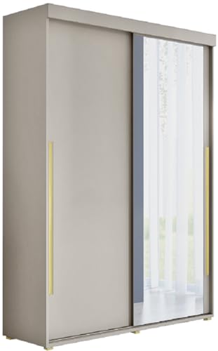 Meble Slupia Kleiderschrank Schiebetüren Slim 1-190 x 202 x 46 cm Schrank Schlafzimmer, Vorraum, Garderobe, Tür mit einem Spiegel, Kleiderstange Schrank - Holzwerkstoff, Goldener Griff, Kaschmir von Meble Slupia