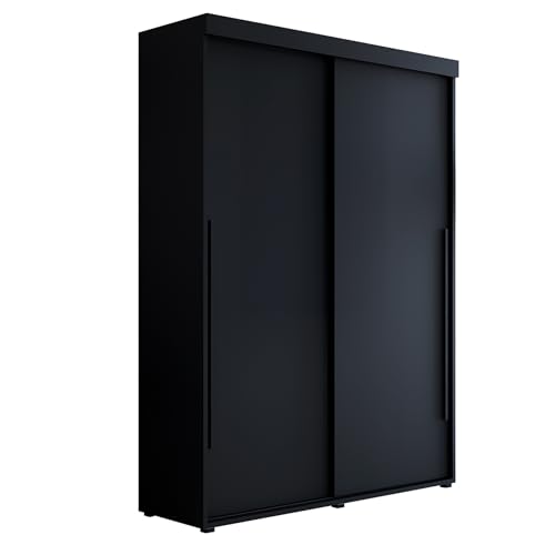 Meble Slupia Kleiderschrank Schiebetüren Slim - 150x202x46 cm - Schrank Schlafzimmer, Vorraum, Garderobe - Geteilte Tür, Kleiderstange, Ohne Spiegel - Holzwerkstoff, Schwarze Griff, Schwarz von Meble Slupia