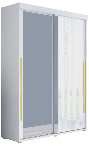 Meble Slupia Kleiderschrank Schiebetüren Slim 2-120x202x46 cm Schrank Schlafzimmer, Vorraum, Garderobe, Tür mit Zwei Spiegeln, Kleiderstange Schrank - Holzwerkstoff, Goldener Griff, Weiß von Meble Slupia