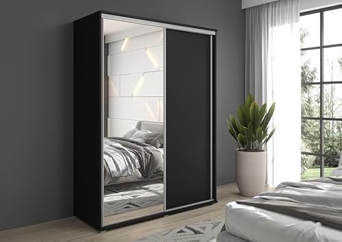 Meble Słupia - Kleiderschrank - Schlafzimmerschrank - BxHxT 130x202x61 cm - Schrank mit Spiegel und Schiebetüren, 2 Kleiderstangen - Beschläge in Silber - Garderobenschrank Gaja - Schwarz Meble Słupia - Kleiderschrank - Schlafzimmerschrank - BxHxT 130x202x61 cm - Schrank mit Spiegel und Schiebetüren, 2 Kleiderstangen - Beschläge in Silber - Garderobenschrank Gaja - Schwarz von Meble Slupia
