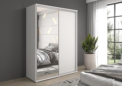 Meble Słupia - Kleiderschrank - Schlafzimmerschrank - BxHxT 140x202x61 cm - Schrank mit Spiegel und Schiebetüren, 2 Kleiderstangen - Beschläge in Silber - Garderobenschrank Gaja - Weiß von Meble Slupia