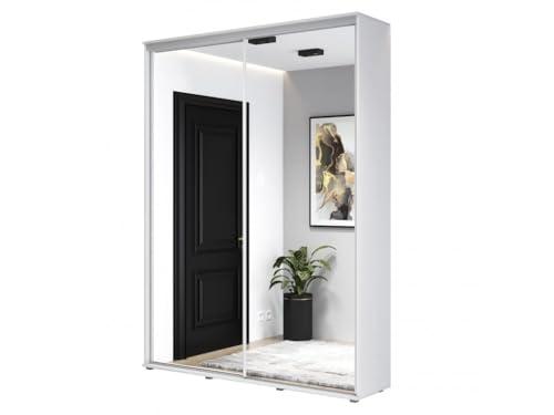 Meble Slupia - ZUZA 2 Garderobenschrank - Kleiderschrank mit Spiegel und Schiebetüren - 120x242x45cm - Kleiderstange Schrank - für Schlafzimmer, Flur - Laminierte Platte, Weiß von Meble Slupia