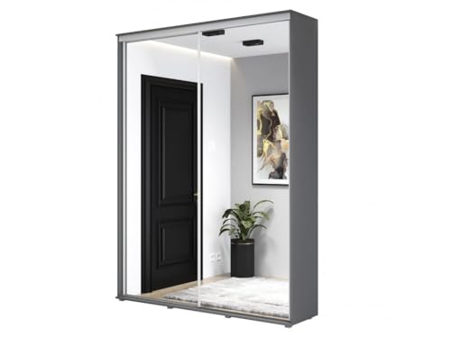 Meble Slupia - ZUZA 2 Garderobenschrank - Kleiderschrank mit Spiegel und Schiebetüren - 130x242x45cm - Kleiderstange Schrank - für Schlafzimmer, Flur - Laminierte Platte, Anthrazit von Meble Slupia