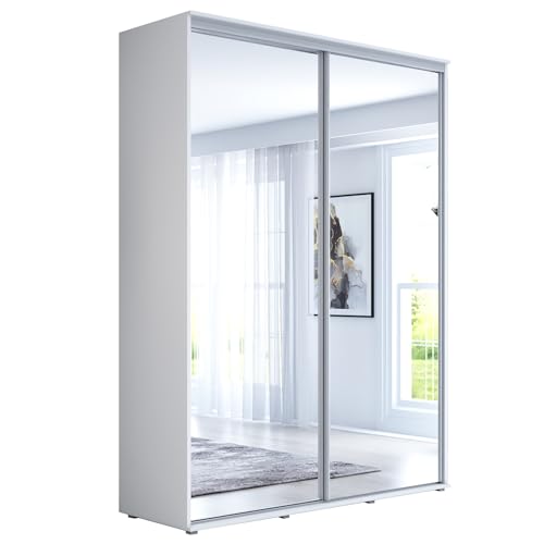 Meble Slupia - Garderobenschrank - Kleiderschrank mit 2 Spiegel und Schiebetüren - B 140 x H 242 x T 61 cm - Kleider Schrank Schlafzimmer, Flur - mit Kleiderstange - Maja 28Weiß von Meble Slupia