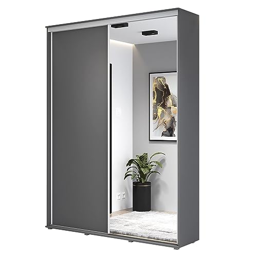 Meble Slupia - Garderobenschrank - Kleiderschrank mit Spiegel und Schiebetüren - 140x242x45 cm - Kleider Schrank Schlafzimmer mit Kleiderstange - ZUZA 01 Anthrazit, Griff von Meble Slupia