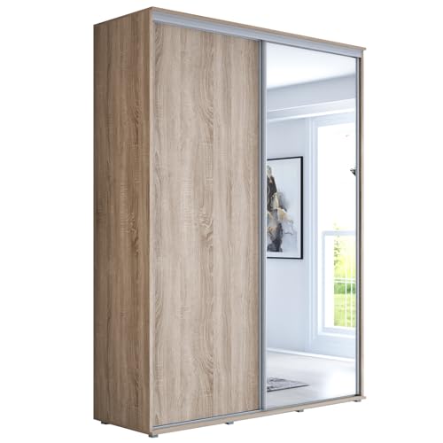 Meble Slupia Schwebetürenschrank Maja 1 - Kleiderschrank mit Spiegel, Schiebetürenschrank, Kleiderstange und Einlegeboden, Schlafzimmerschrank - Schiebetüren (Eiche Sonoma, 130 x 242 x 61 cm) von Meble Slupia