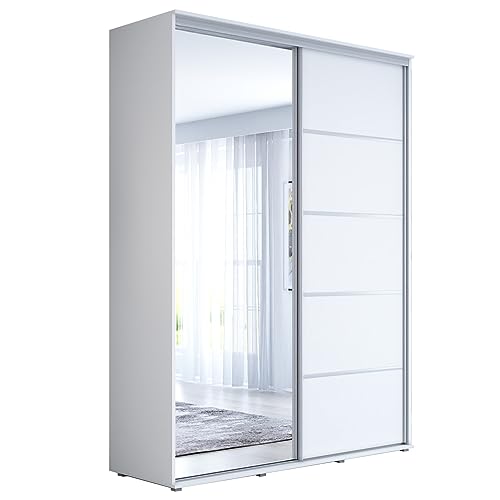 Schwebetürenschrank 140x242x61cm mit Spiegel Kleiderschrank - Schiebetürenschrank mit Kleiderstange und Einlegeboden – Schlafzimmerschrank - Schiebetüren - Weiß von Meble Slupia