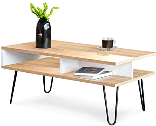 Boho Style, Eleganter Couchtisch - Die perfekte Deko Wohnzimmer für Ihr Zuhause - Niedriger Wohnzimmertisch in verschiedenen Größen - Aus strapazierfähigen Sofatisch Materialien Weiß/Sonoma 2 von MeblePitus.pl