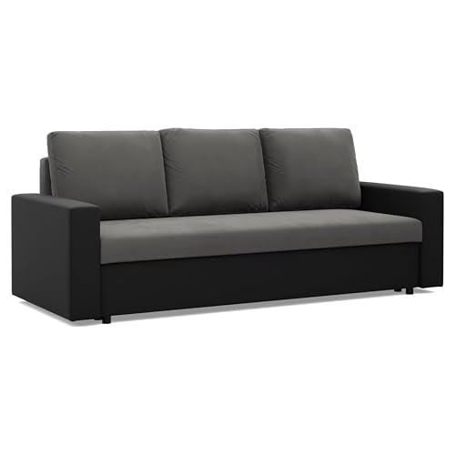 Mebligo - Sofa Dreisitzer Wohnzimmer mit Schlaffunktion, Bettkasten und Kunsteleder 220x92x92 (BxHxT) Grau und Schwarz Luna, Schlafsofa Platzsparend, Schlafcouch, Sofabett, Sofa Bed, Bettsofa von Mebligo