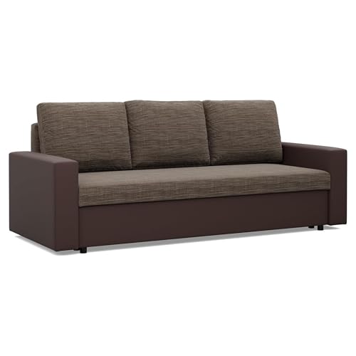Mebligo - Sofa Dreisitzer Wohnzimmer mit Schlaffunktion, Bettkasten und Kunsteleder 220x92x92 (BxHxT) Braun Luna, Schlafsofa Platzsparend, Schlafcouch, Sofabett, Sofa Bed, Bettsofa von Mebligo