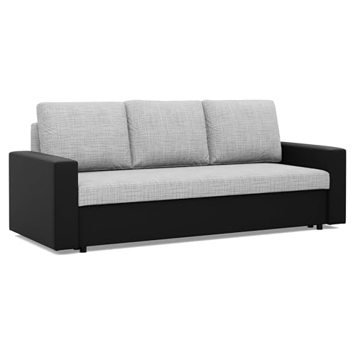 Mebligo - Sofa Dreisitzer Wohnzimmer mit Schlaffunktion, Bettkasten und Kunsteleder 220x92x92 (BxHxT) Grau und Schwarz Luna, Schlafsofa Platzsparend, Schlafcouch, Sofabett, Sofa Bed, Bettsofa von Mebligo