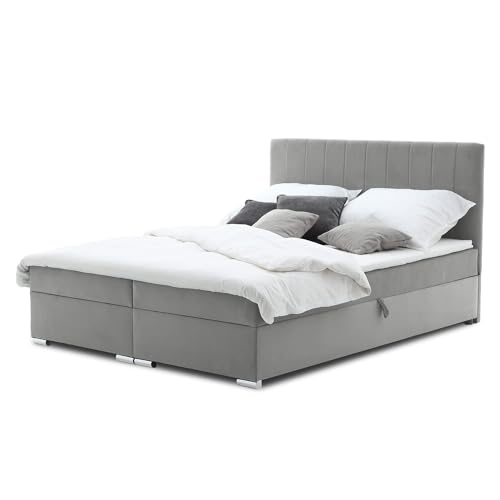 Mebligo Boxspringbett 180x200 mit Bettkasten und Kopfteil, Doppelbett mit Bonell-Matratze und Topper, Polsterbett, Boxspringbett Grau - ELMA Serie von Mebligo