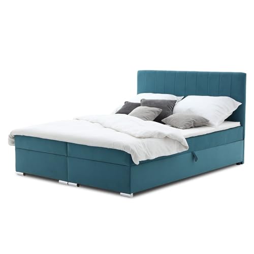Mebligo Boxspringbett 160x200 mit Bettkasten und Kopfteil, Doppelbett mit Bonell-Matratze und Topper, Polsterbett, Boxspringbett Türkis - ELMA Serie von Mebligo