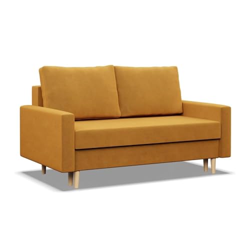 Mebligo - Sofa mit Schlaffunktion und Bettkasten Blank, 2 Sitzer Sofa 152 cm Breit, Schlafsofa, Ausziehbares Couch auf Holzfüßen, Schlafcouch - Gelb von Mebligo