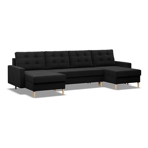 Mebligo - U-Förmige Ecksofa mit Schlaffunktion und Bettkasten BLANK, Bonell-Federn, Couch U Form 294x92x140 cm, Klappsofa mit Schlaffunktion, Wohnzimmer Eckcouch mit Bettfunktion - Ecksofa Schwarz von Mebligo