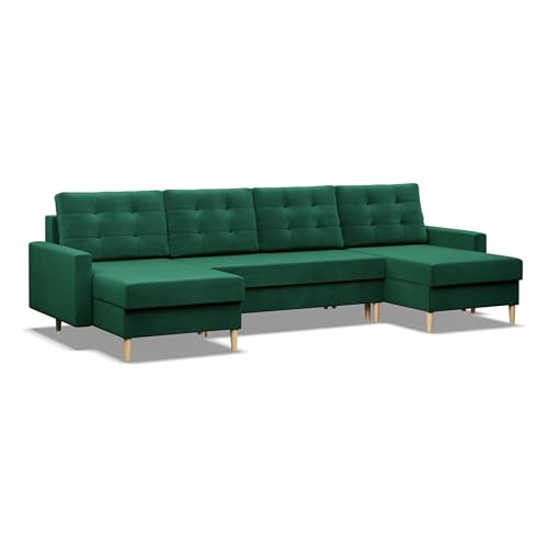 Mebligo - U-Förmige Ecksofa mit Schlaffunktion und Bettkasten BLANK, Couch U Form 294x88x140 cm, Klappsofa mit Schlaffunktion, Wohnzimmer Eckcouch mit Bettfunktion - Ecksofa Dunkelgrün von Mebligo