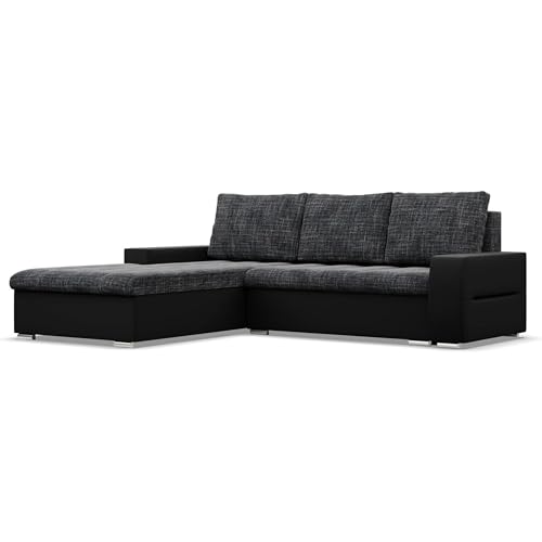 Mebligo - Ecksofa mit Schlaffunktion und Bettkasten Aurora, Eckcouch mit Ottomane Links, Sofa L Form (BxTxH) 243 x 200 x 92 cm, Couch Wohnzimmer, Ecke Sofa, Schwarz + Schwarz (Samt und Kunstleder) von Mebligo