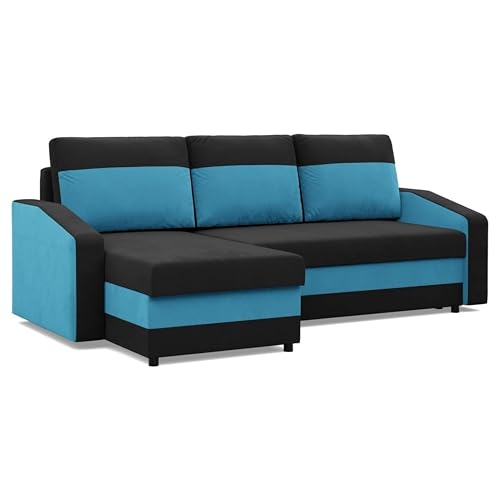 Mebligo - Ecksofa mit Schlaffunktion und Bettkasten Orion, Eckcouch Universelle Seite, Sofa L Form (BxTxH) 231 x 140 x 85 cm, Couch Wohnzimmer, Ecke Sofa, Schwarz + Blau (Mikro 15 + Mikro 18) von Mebligo