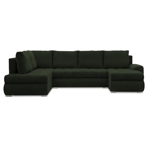Mebligo - Ecksofa mit Schlaffunktion und Bettkasten Tokio II PRO, 300 cm Breit, Wohnzimmer Eckcouch Ottomane Links, Sofa Cord mit Bettfunktion - Sofa Dunkelgrün (Poso 014) von Mebligo