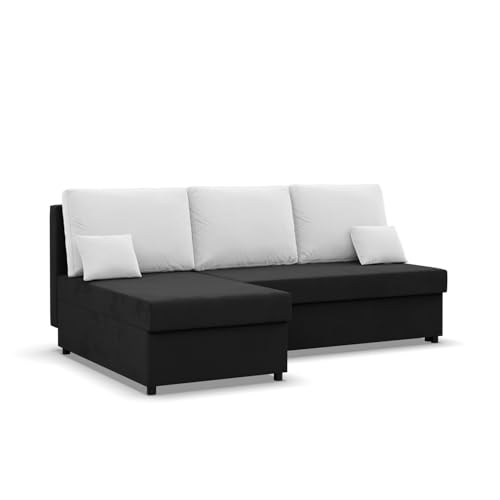 Mebligo Kemi - Ecksofa mit Schlaffunktion, Bettkastem, Komfort und Still, Schaum, schwarz + weiß (Mikrofaza 15) von Mebligo